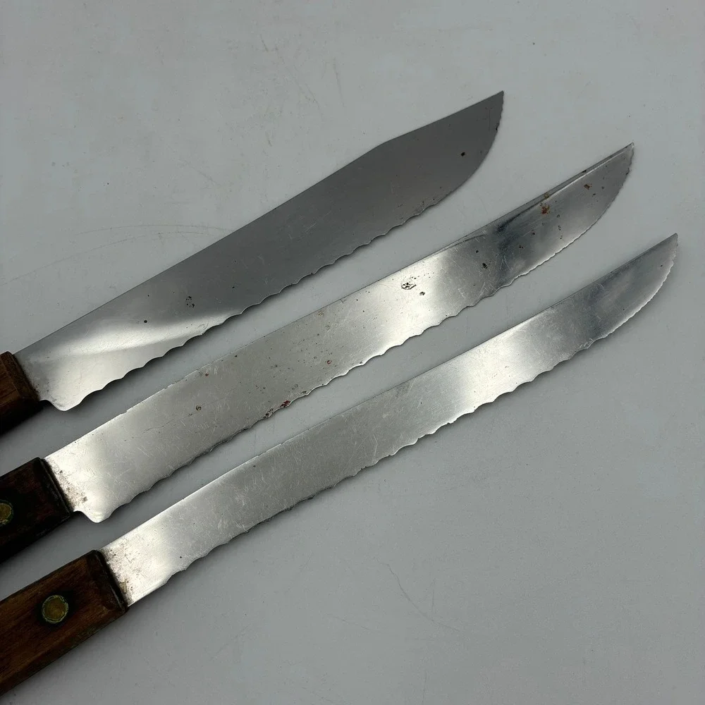 Robinson Stainless USA Knives Set Lot of 3 Vintage Wood Handle Serrated